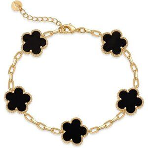 Gold Clover Bracelet Four Leaf Flower Mother of Pearl Onyx Adjustable Jewelry Gi